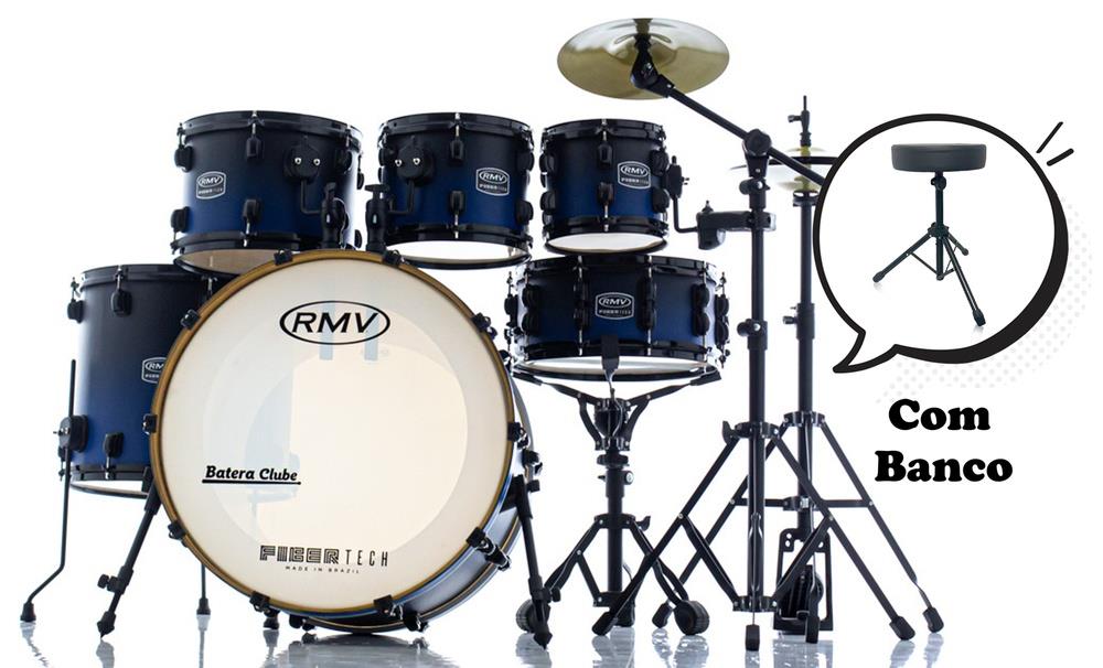 Bateria RMV FiberTech Blue Black Fade 22",8",10",12",16" com Banco, Pratos e Ferragens (Exclusiva)