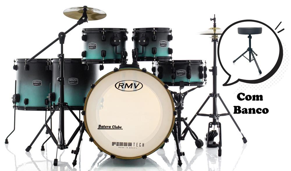 Bateria RMV FiberTech Turquesa Black Fade 20",10",12",14",16" com Banco, Pratos e Ferragens (Exclusiva)