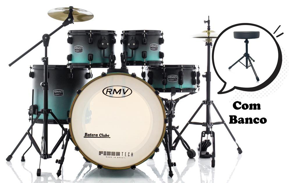 Bateria RMV FiberTech Turquesa Black Fade 20",10",12",16" com Banco, Pratos e Ferragens (Exclusiva)