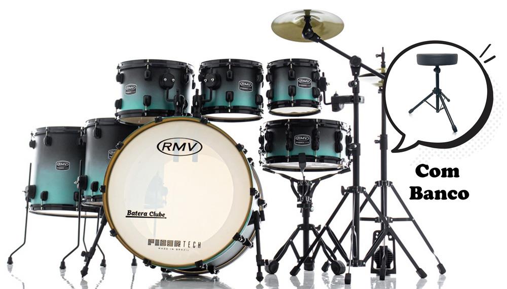 Bateria RMV FiberTech Turquesa Black Fade 20",8",10",12",14",16" Banco, Pratos e Ferragens (Exclusiva)