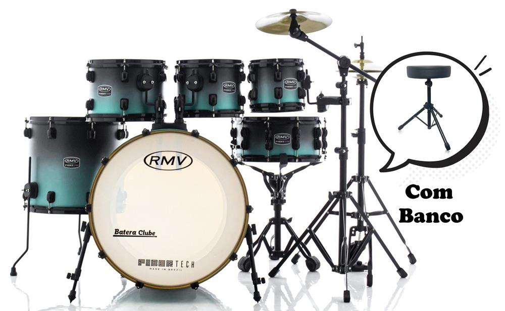 Bateria RMV FiberTech Turquesa Black Fade 20",8",10",12",16" com Banco, Pratos e Ferragens (Exclusiva)