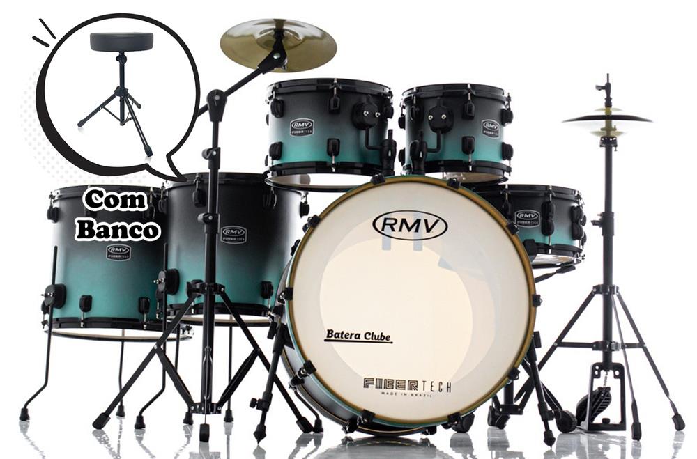 Bateria RMV FiberTech Turquesa Black Fade 22",10",12",14",16" com Banco, Pratos e Ferragens (Exclusiva)