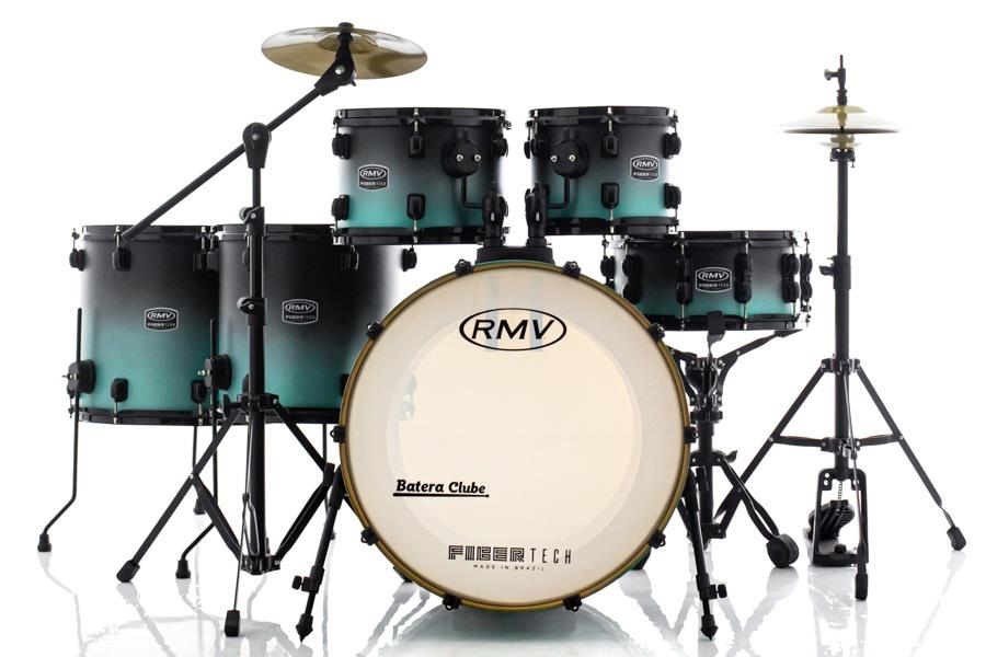Bateria RMV FiberTech Turquesa Black Fade 20",10",12",14",16" com Pratos, Baquetas e Ferragens (Exclusiva)