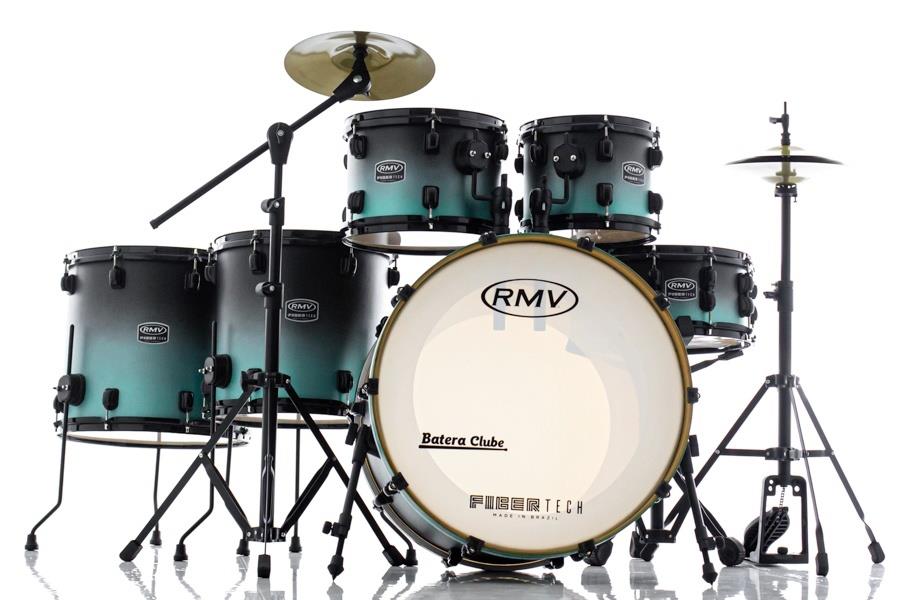 Bateria RMV FiberTech Turquesa Black Fade 22",10",12",14",16" com Pratos, Baquetas e Ferragens (Exclusiva)