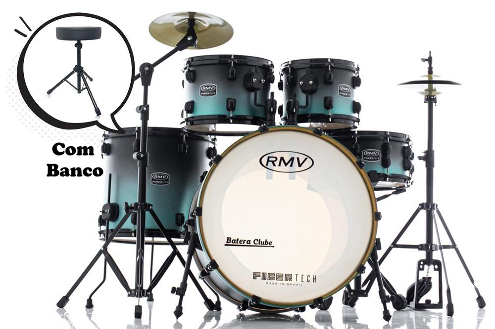 Bateria RMV FiberTech Turquesa Black Fade 22",10",12",16" com Banco, Pratos e Ferragens (Exclusiva)