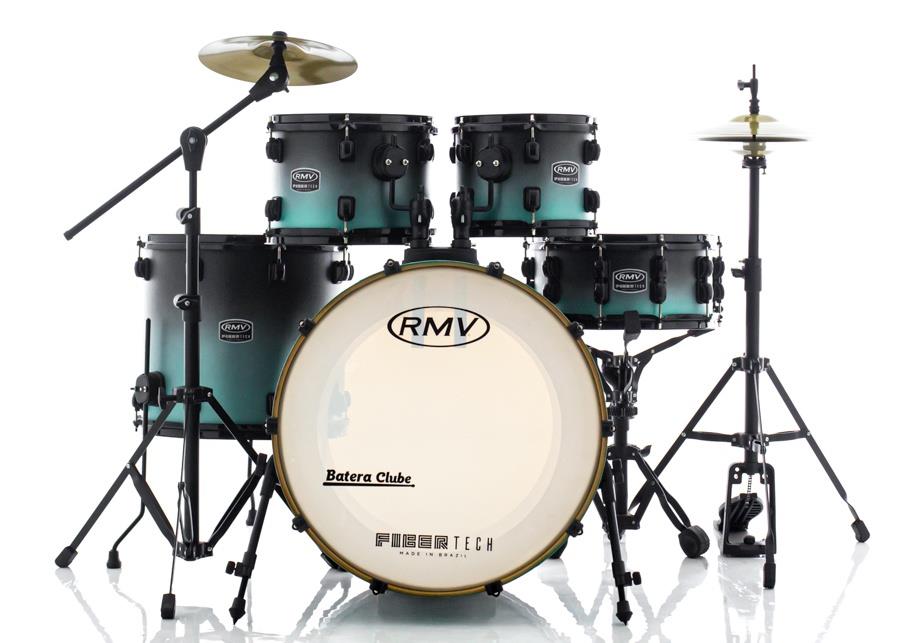 Bateria RMV FiberTech Turquesa Black Fade 20",10",12",16" com Pratos, Baquetas e Ferragens (Exclusiva)