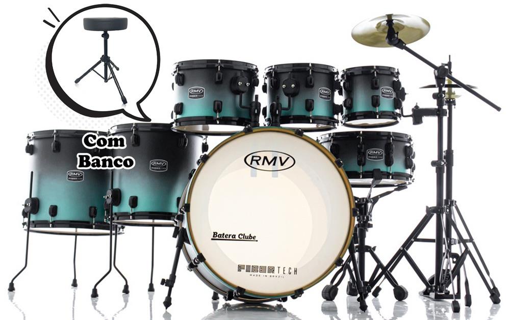 Bateria RMV FiberTech Turquesa Black Fade 22",8",10",12",14",16" Banco, Pratos e Ferragens (Exclusiva)