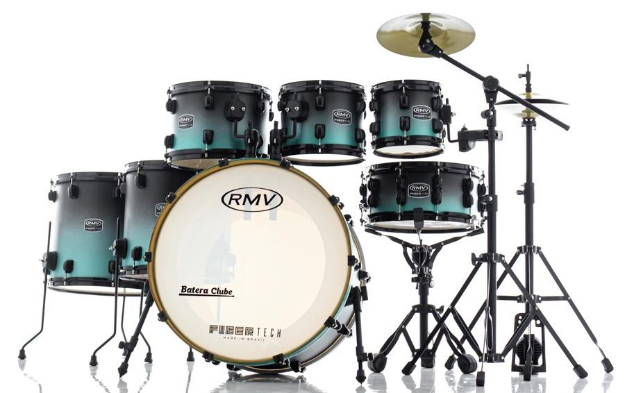 Bateria RMV FiberTech Turquesa Black Fade 20",8",10",12",14",16" com Pratos, Baquetas e Ferragens (Exclusiva)