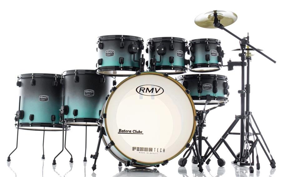 Bateria RMV FiberTech Turquesa Black Fade 22",8",10",12",14",16" com Pratos, Baquetas e Ferragens (Exclusiva)