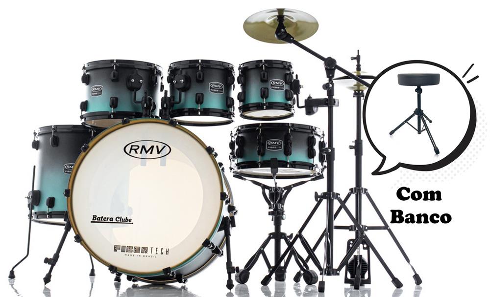Bateria RMV FiberTech Turquesa Black Fade 22",8",10",12",16" com Banco, Pratos e Ferragens (Exclusiva)