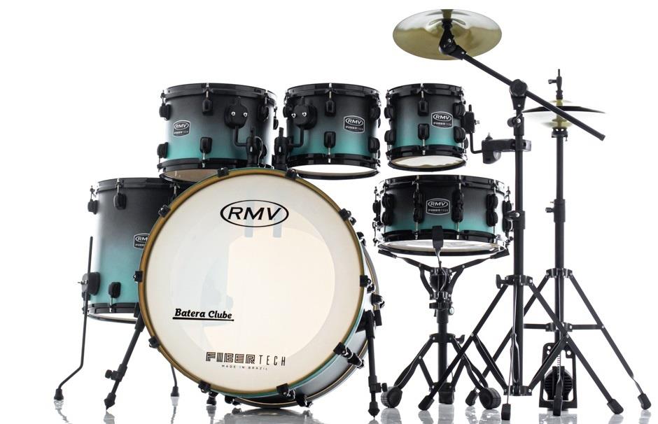 Bateria RMV FiberTech Turquesa Black Fade 22",8",10",12",16" com Pratos, Baquetas e Ferragens (Exclusiva)