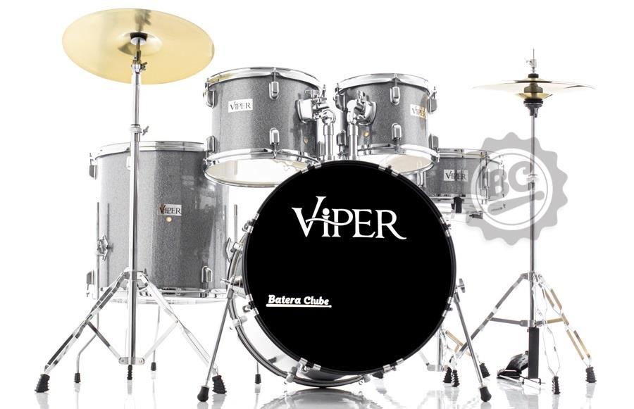 Bateria Viper by X-Pro C.Ibañez Silver Sparkle Completa 20",10",12",16" com Ferragens, Pratos e Banco
