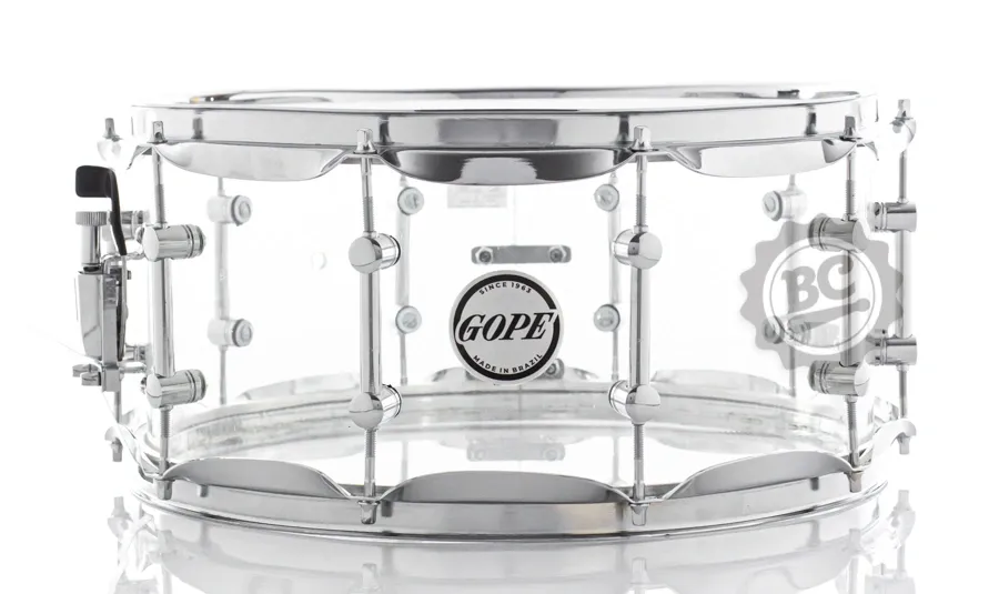 Caixa Gope Acrílico Cristal 14x6,5" Tube Lugs com esteira de 40 fios e 10 afinações (Made in Brazil)