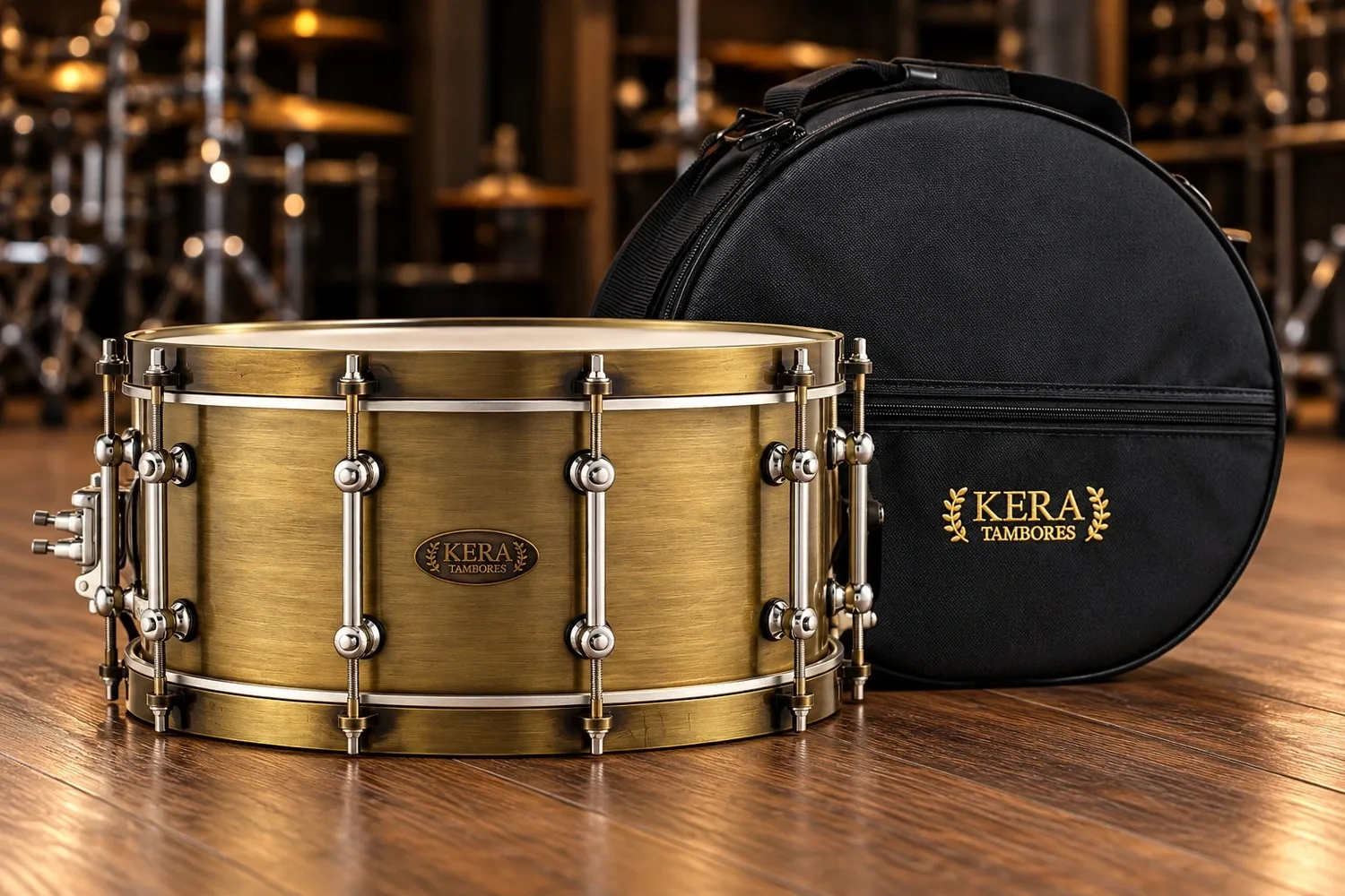 Caixa Kera Drums em Steel Carbon Brushed Brass 14x6.5" com Bag Made in Brazil artesanal com casco 3mm e 8kg
