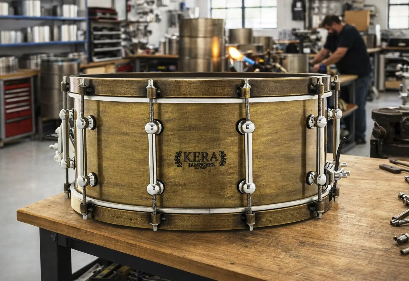 Caixa Kera Drums em Steel Carbon Brushed Brass 14x6.5" Made in Brazil artesanal com casco 3mm e 8kg