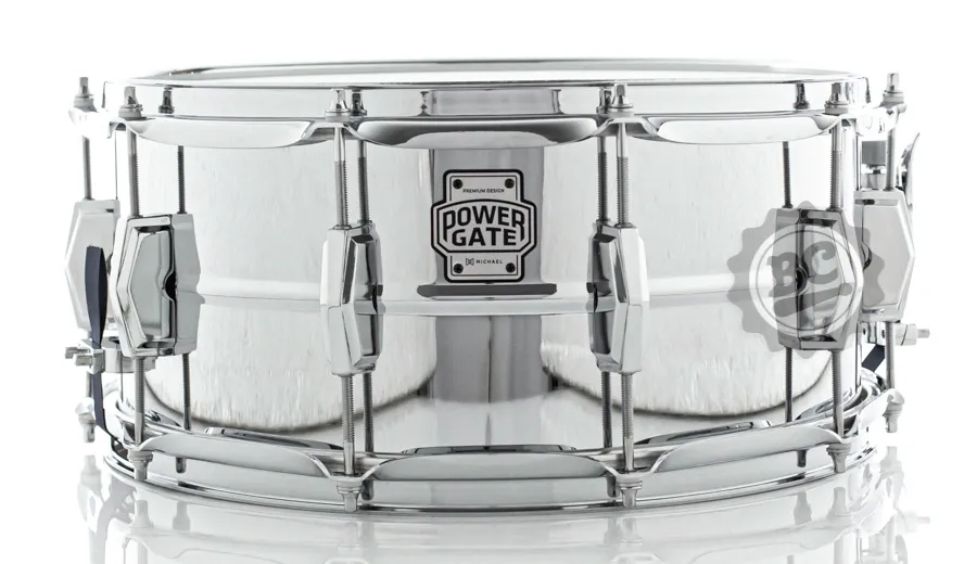 Caixa Michael Power Gate Reflect Steel 14x6.5" PGR1465 casco em aço cromado e aros PowerHoop 2.3mm