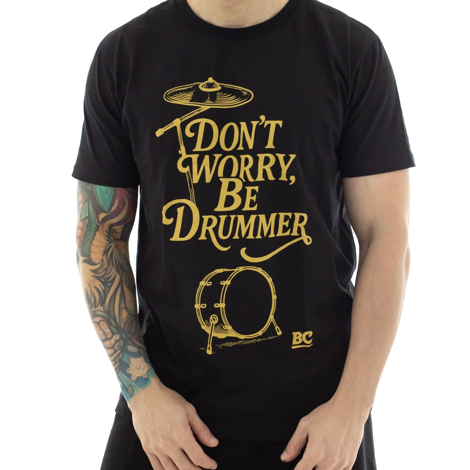 Camiseta Plus Size XM Batera Clube Don't Worry, Be Drummer Preta Tamanho G3 e G4 mais comprida e larga