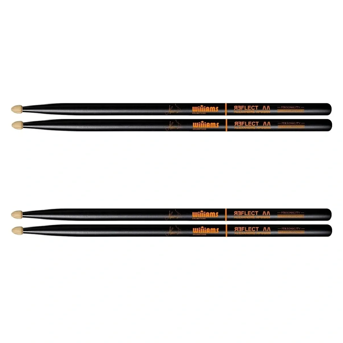 Kit 2 Pares de Baqueta Williams Signature Alexandre Aposan Padrão 5B/2B Comprida AA Reflect Black em Hickory antiderrapante