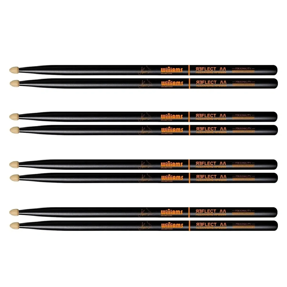 Kit 4 Pares de Baqueta Williams Signature Alexandre Aposan Padrão 5B/2B Comprida AA Reflect Black em Hickory antiderrapante