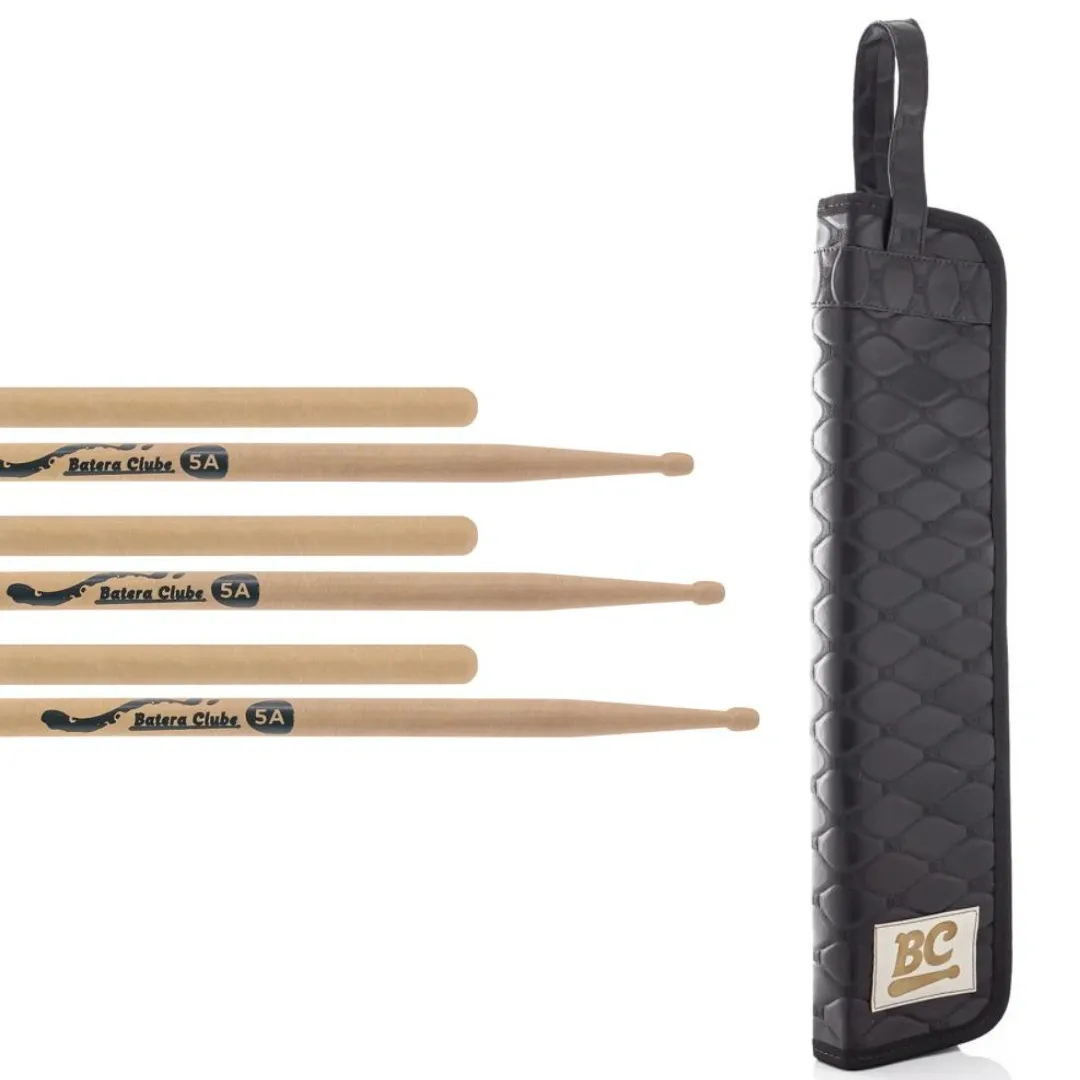 Kit 3 Pares de Baqueta e Bag Jacaré Preta Batera Clube Signature Tommaso