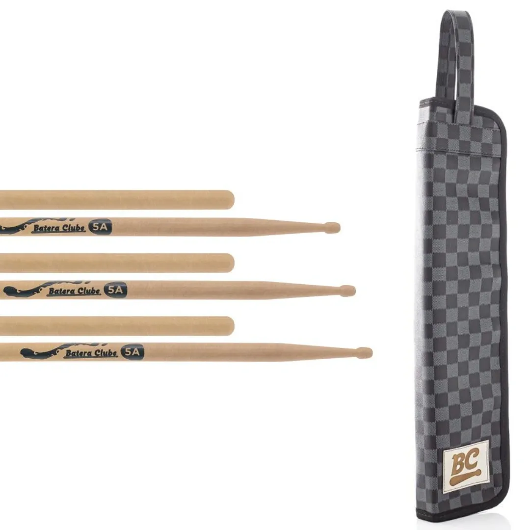Kit 3 Pares de Baqueta e Bag Xadrez Preta Batera Clube Signature Tommaso