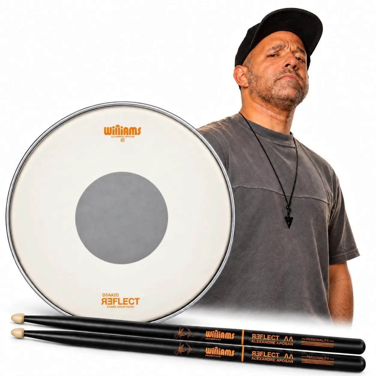 Kit Alexandre Aposan Signature com Pele de Caixa Heavy Dot 14" e Baqueta Williams Hickory Black