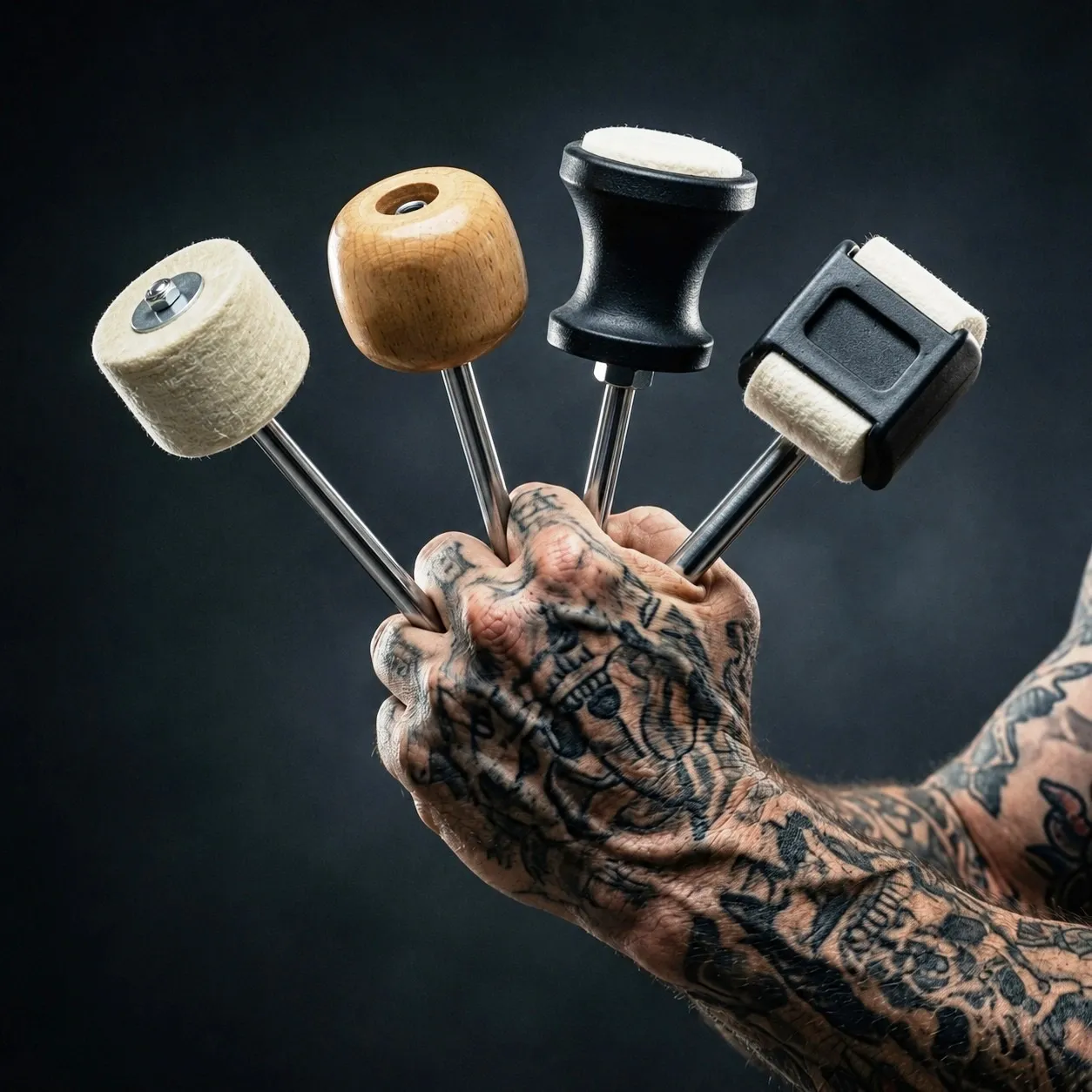 Kit com 4 Batedores de Bumbo FSA Percussion com diferentes sonoridades madeira, feltro, fibra e borracha