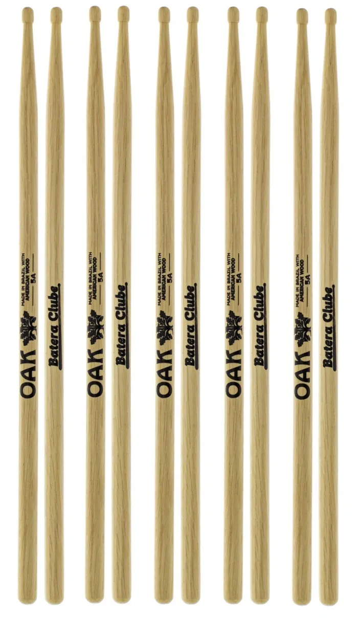 Kit de Baquetas 5A Batera Clube com 5 Pares em OAK Soft Americano Padrão 5A Comprida