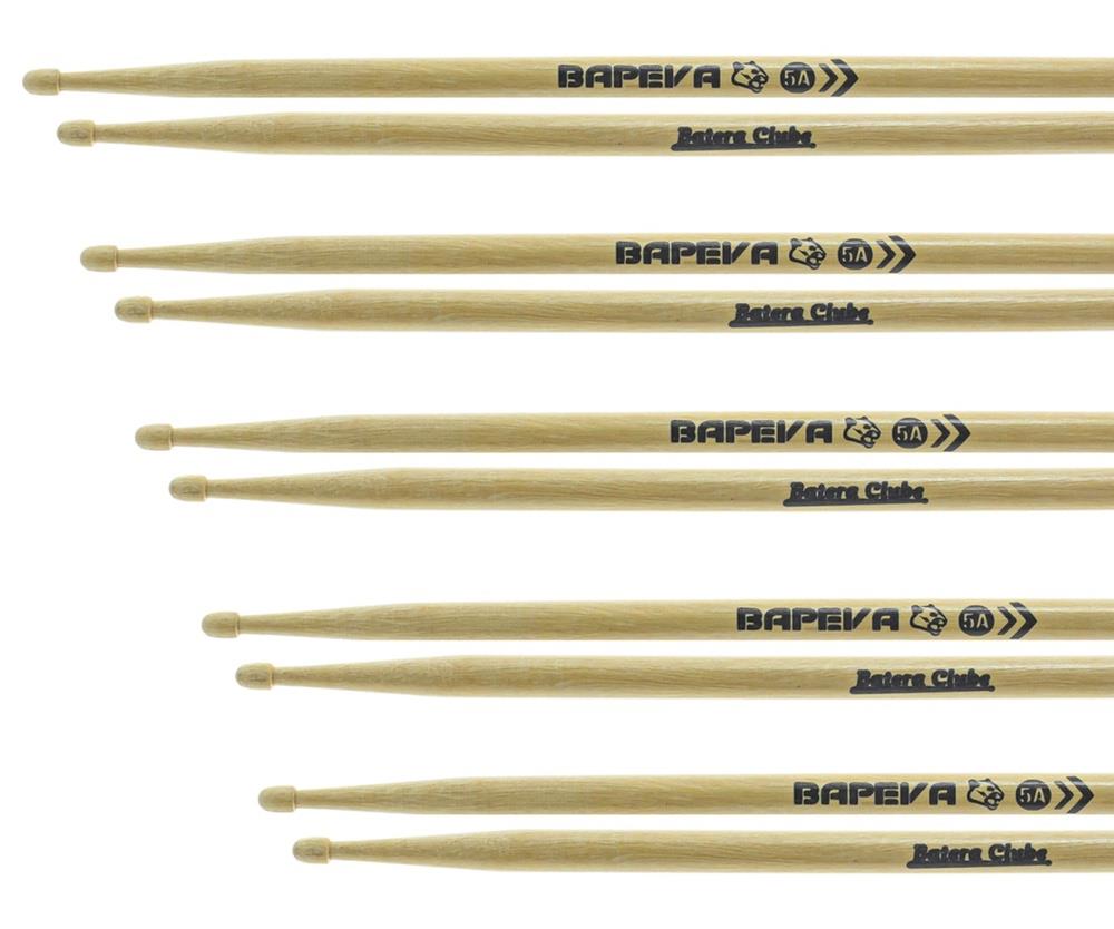 Kit de Baquetas 5A Batera Clube Kit com 5 Pares em Bapeva Padrão 5A excelente durabilidade e densidade