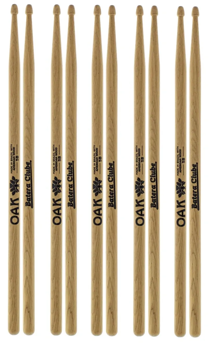 Kit de Baquetas 5B Batera Clube com 5 Pares em OAK Soft Americano Padrão 5B Comprida