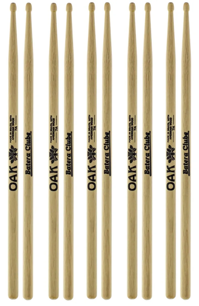 Kit de Baquetas 7A Batera Clube com 5 Pares em OAK Soft Americano Padrão 7A Clássica