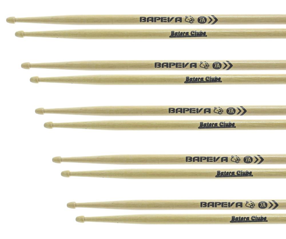 Kit de Baquetas 7A Batera Clube Kit com 5 Pares em Bapeva Padrão 7A excelente durabilidade e densidade