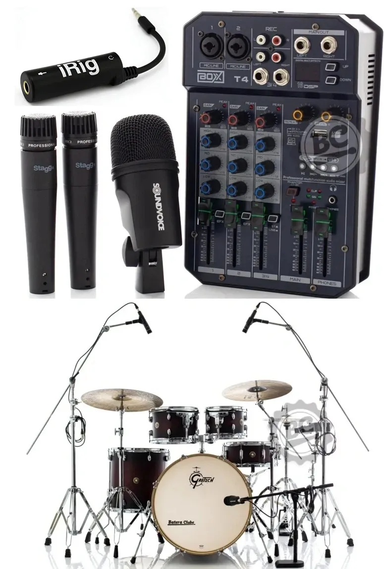 Kit de Microfones e Mixer Boxx T4 com Inferface iRig, 2 microfones over, 1 de bumbo e cabos
