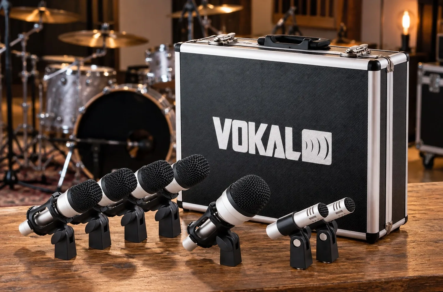 Kit de Microfones Vokal VDM7 com 7 Peças, Case e Sistema de Holder Flutuante