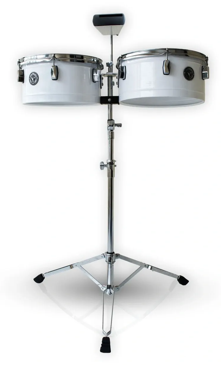 Kit de Timbales com Estante Bauer Branco KTB247 com timbales 13" e 14", cowbell e aros PowerHoop 2.3mm