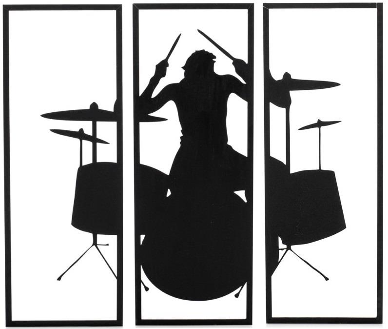 Quadro de Bateria em MDF Grande decorativo Preto em 3 partes tamanho grande 90x90cm total