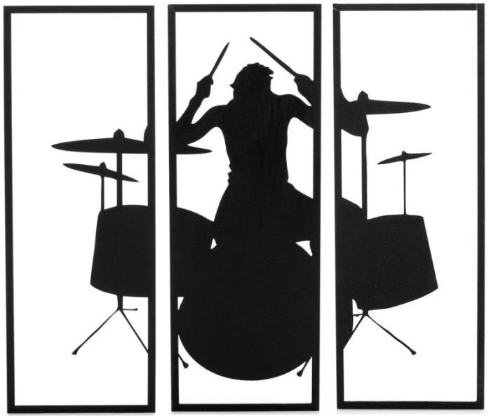 Quadro de Bateria em MDF Médio decorativo Preto em 3 partes tamanho médio 66x60cm total
