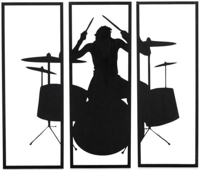 Quadro de Bateria em MDF Pequeno decorativo Preto em 3 partes tamanho pequeno 33x30cm total