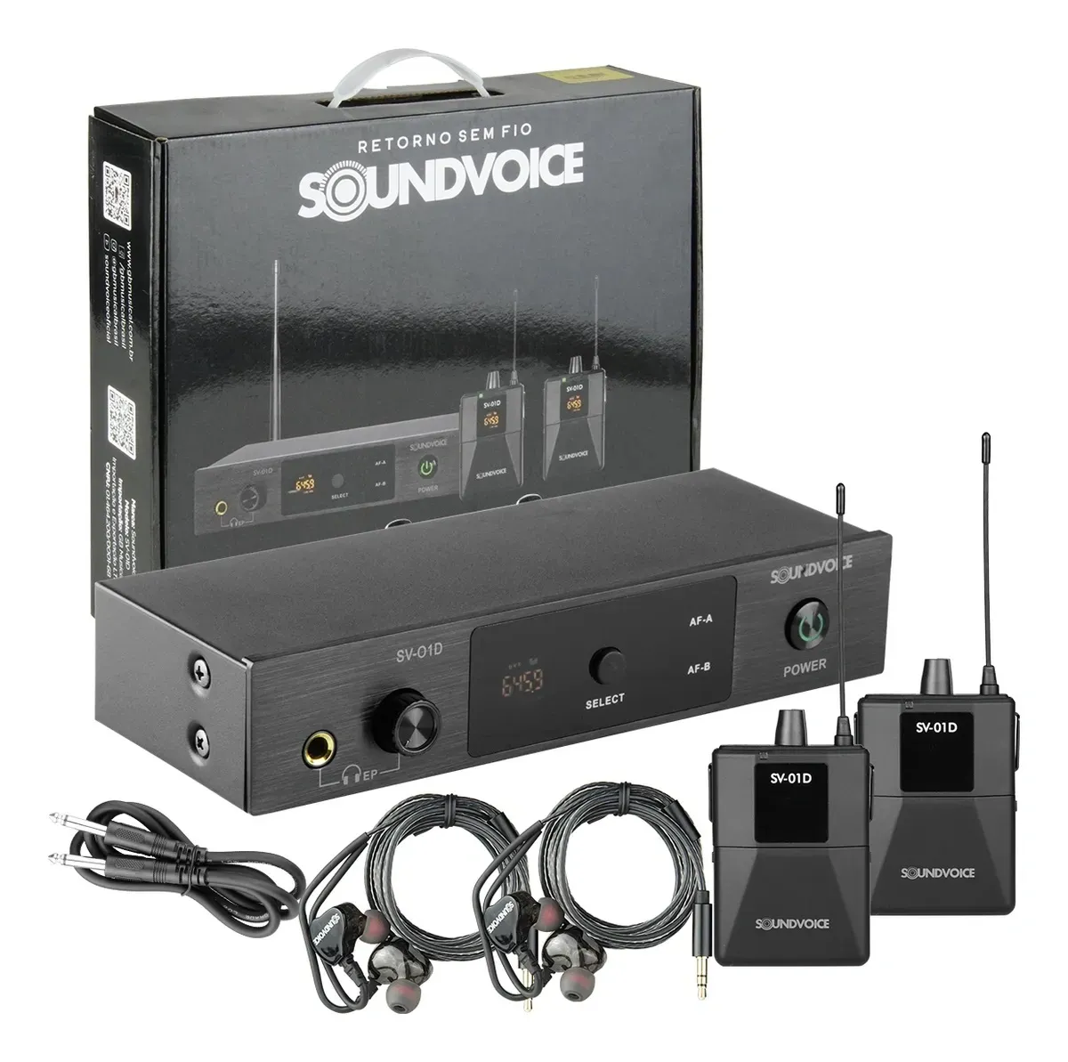 Retorno e 2 Fones sem Fio In-Ear Soundvoice SV01D com receptor e par de fone até 50m de distância