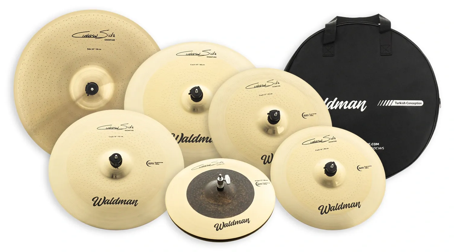 Super Kit de Pratos Waldman Signature Cleverson Silva com Ride 20", Crashes 16", 17", 18", 19", Hihat 15" e Bag