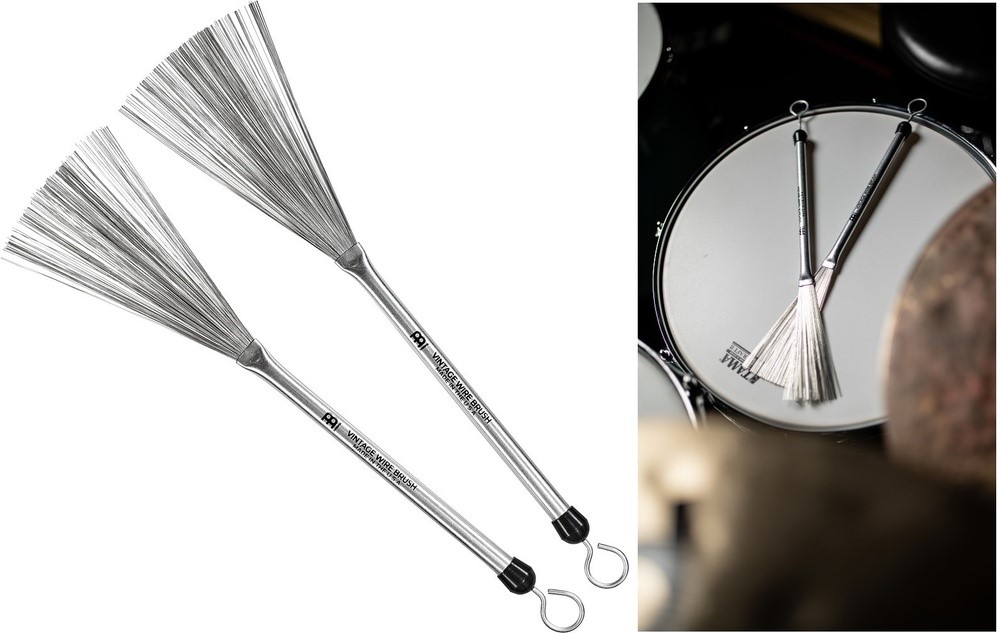 Vassourinha Meinl Vintage Wire Brush SB309 mais fina com cabo de alumínio e puxador retrátil (Made in USA)
