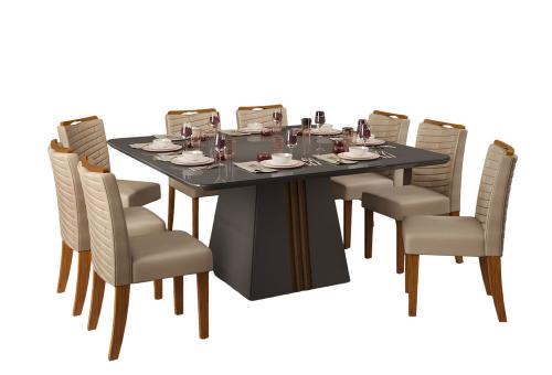 Conjunto Mesa de Jantar Zoe Carvalho Europeu Vidro Preto e 8 Cadeiras  Amelia Marrom : Sala de Jantar - Sala de Jantar Completa : Julia Arns