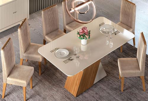 Conjunto Mesa de Jantar Rubi Tampo Madeira com Vidro e 6 Cadeiras Veludo Kraft : Promoções : Julia Arns