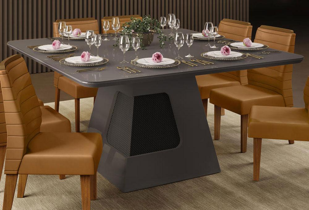 Conjunto Mesa de Jantar Zoe Carvalho Europeu Vidro Preto e 8 Cadeiras  Amelia Marrom : Sala de Jantar - Sala de Jantar Completa : Julia Arns