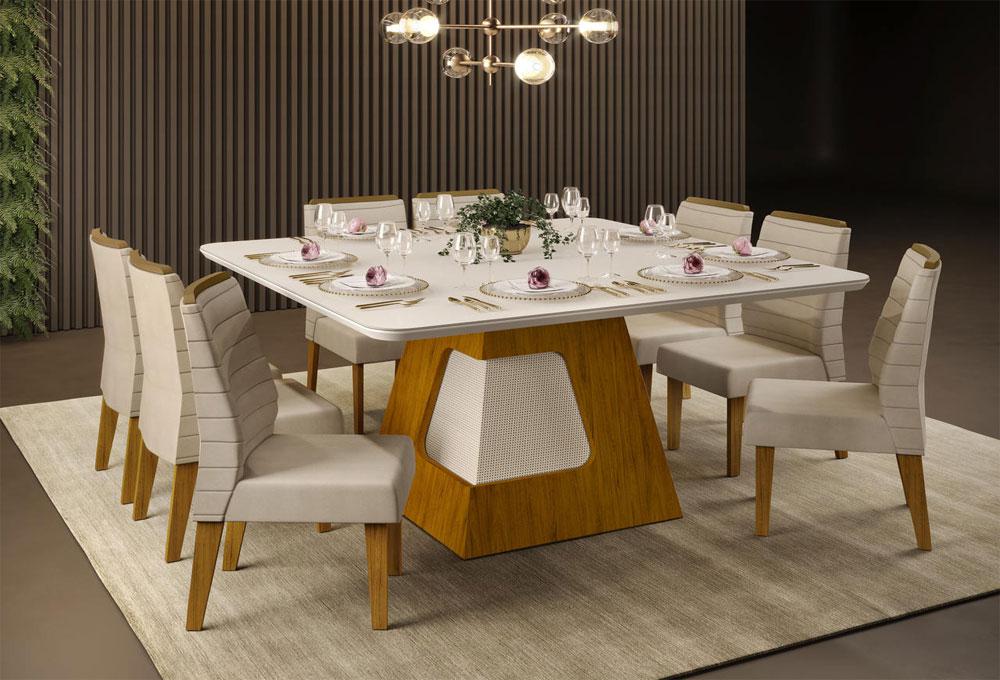 Conjunto Mesa de Jantar Escala Com Vidro Freijó White e 08