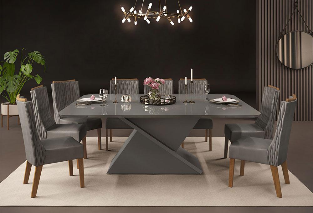 Conjunto Mesa de Jantar Zoe Cinza com Vidro e 8 Cadeiras Amelia : Sala de  Jantar - Sala de Jantar Completa : Julia Arns