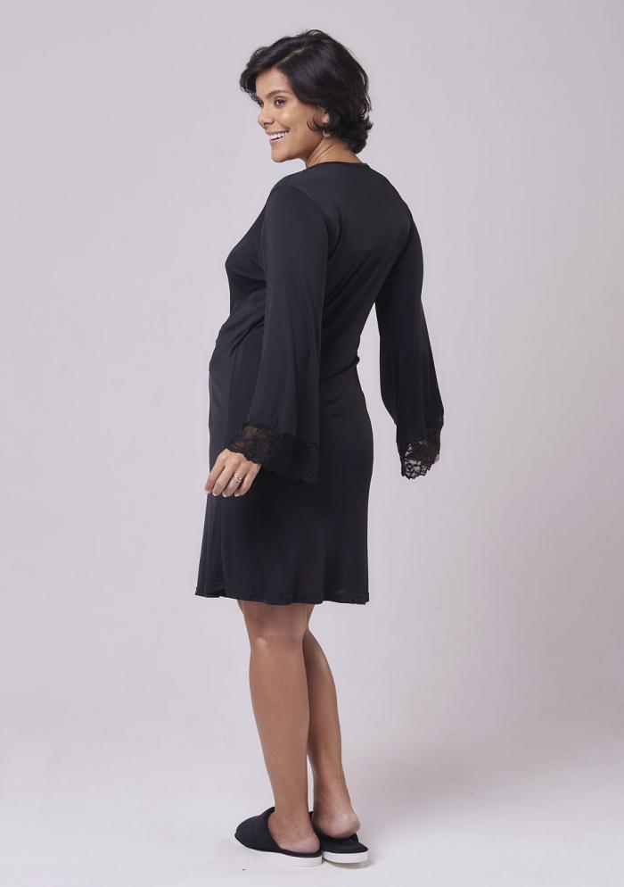 Kit Camisola Amamentação Confort & Lux + Robe Luxury Rendado Preto