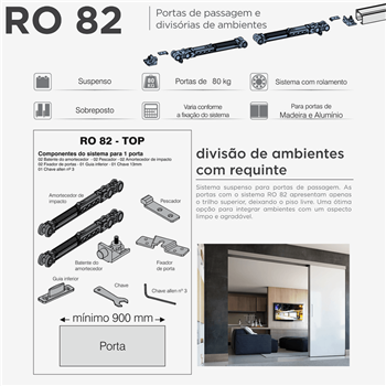 Sistema Deslizante RO 82 TOP (40 a 80 Kg) para Portas de Madeira Kit para 01 Porta Rometal