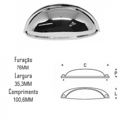 Puxador Colonial 220 Concha 76mm Cromado - ItalyLine