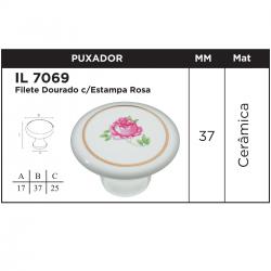Puxador Filete Dourado Estampa Rosa em Cerâmica 37mm IL7069 - ItalyLine